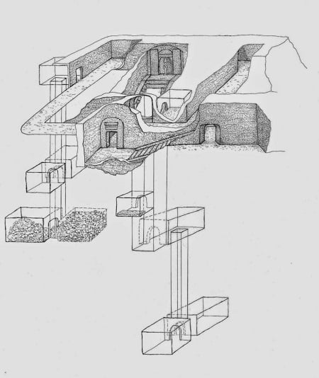  Скица, показваща очертанията на гробницата на Озирис. Чертеж на архитектурата на гробницата, изработен от Рафаела Карера. 